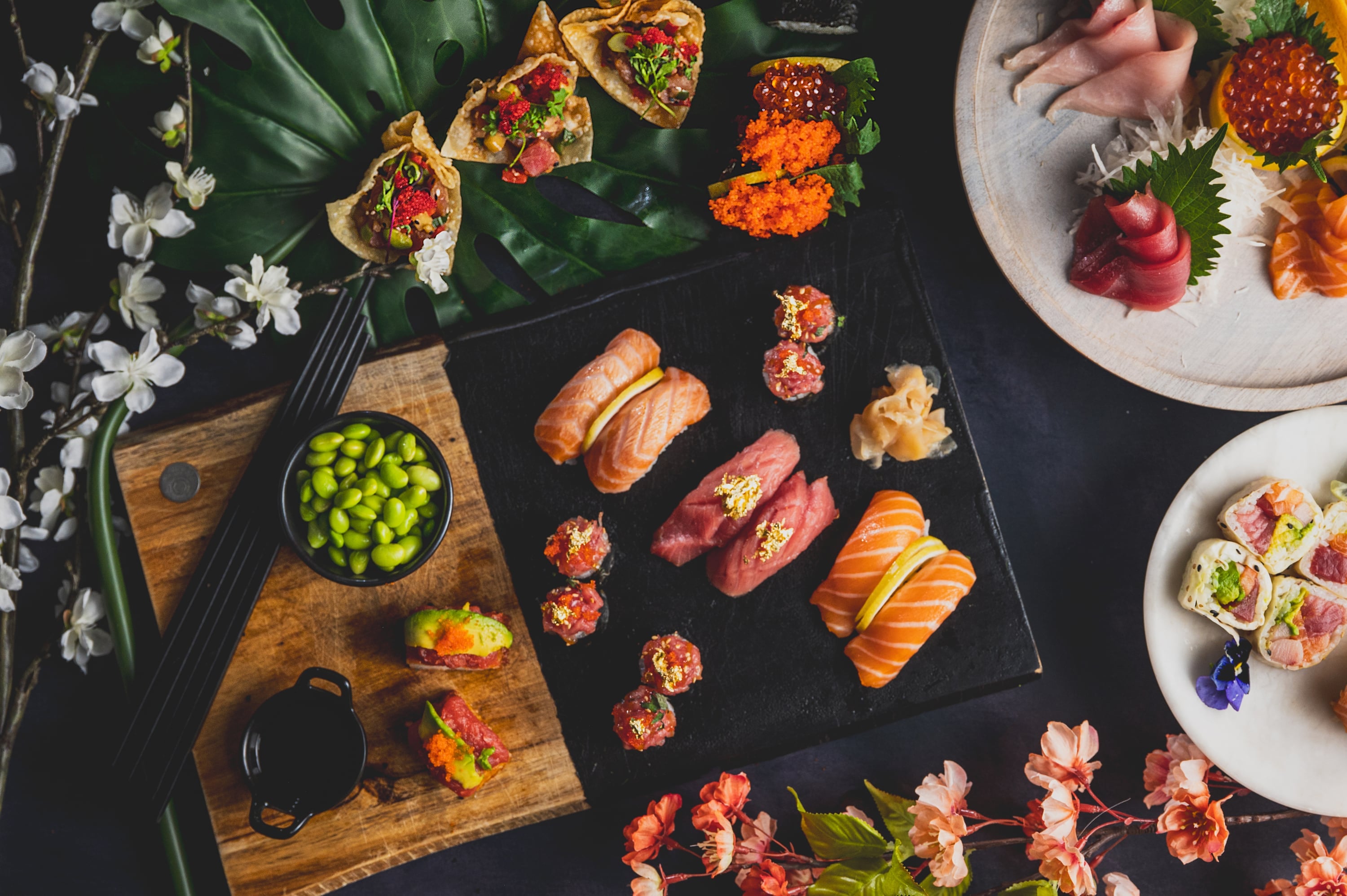 Overhead view of a composed sushi tasting menu