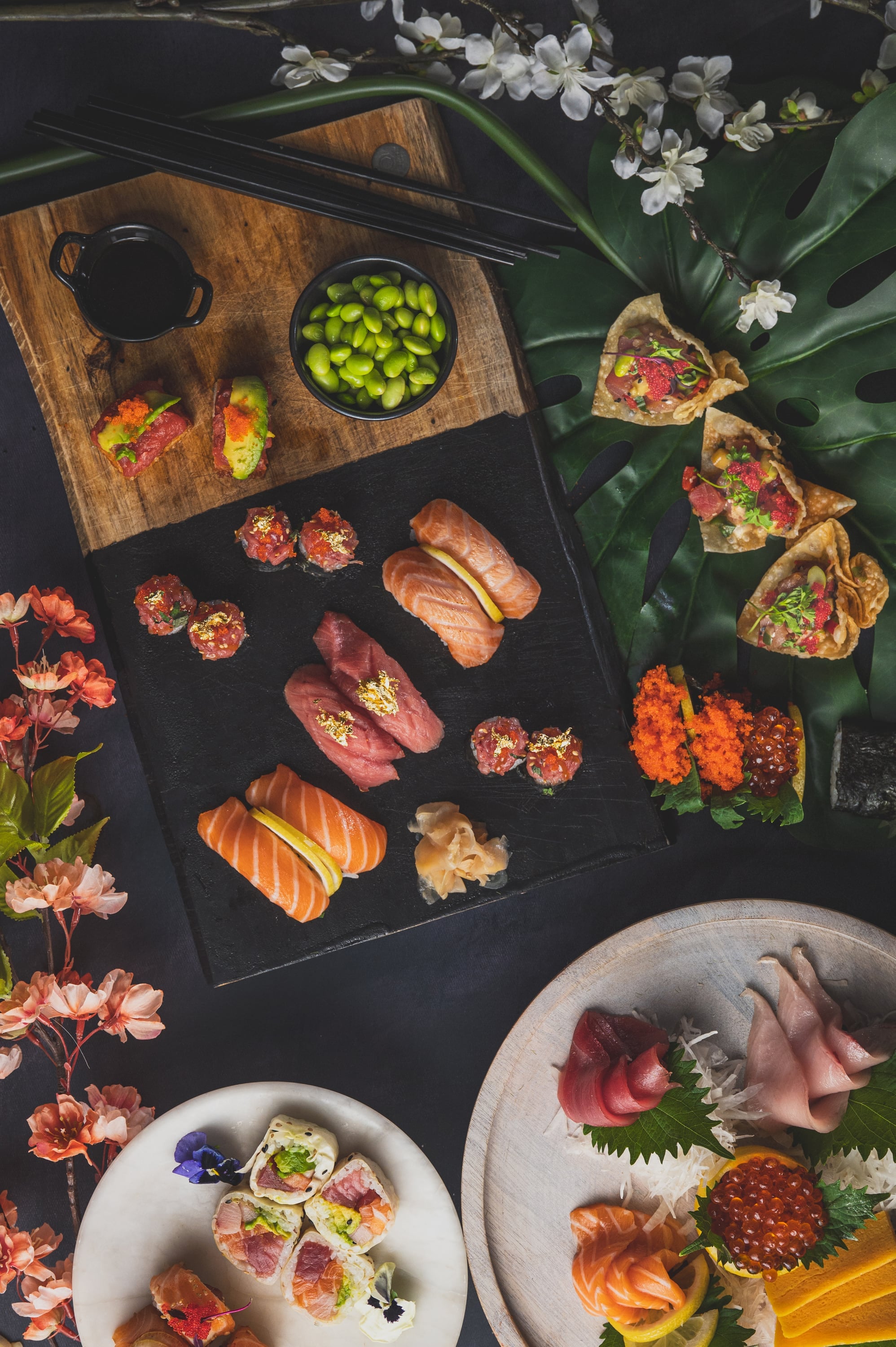 Pardi Sushi tasting spread styled with cherry blossoms